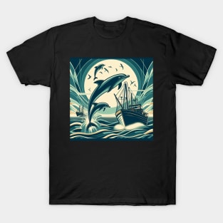 Dolphins leaping over boats T-Shirt